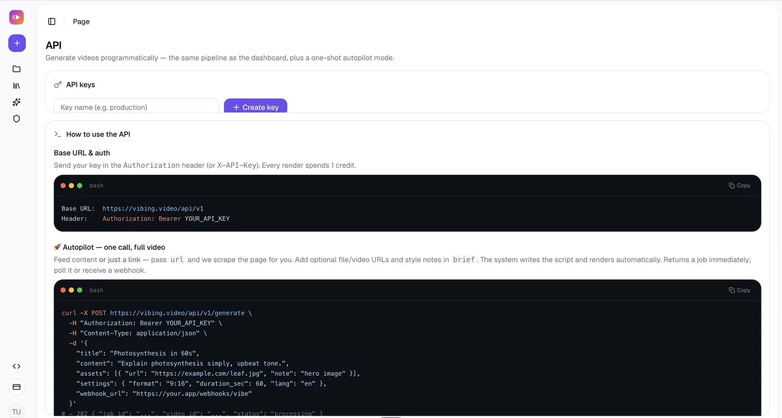 Vibing Video public API with an autopilot curl example