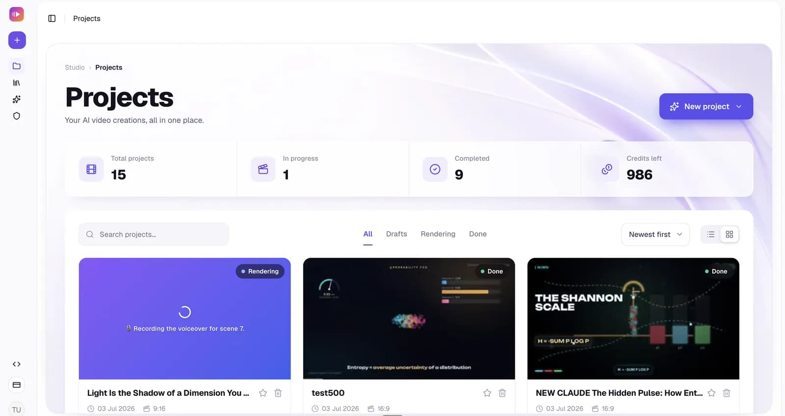 Vibing Video projects dashboard with render thumbnails and stats