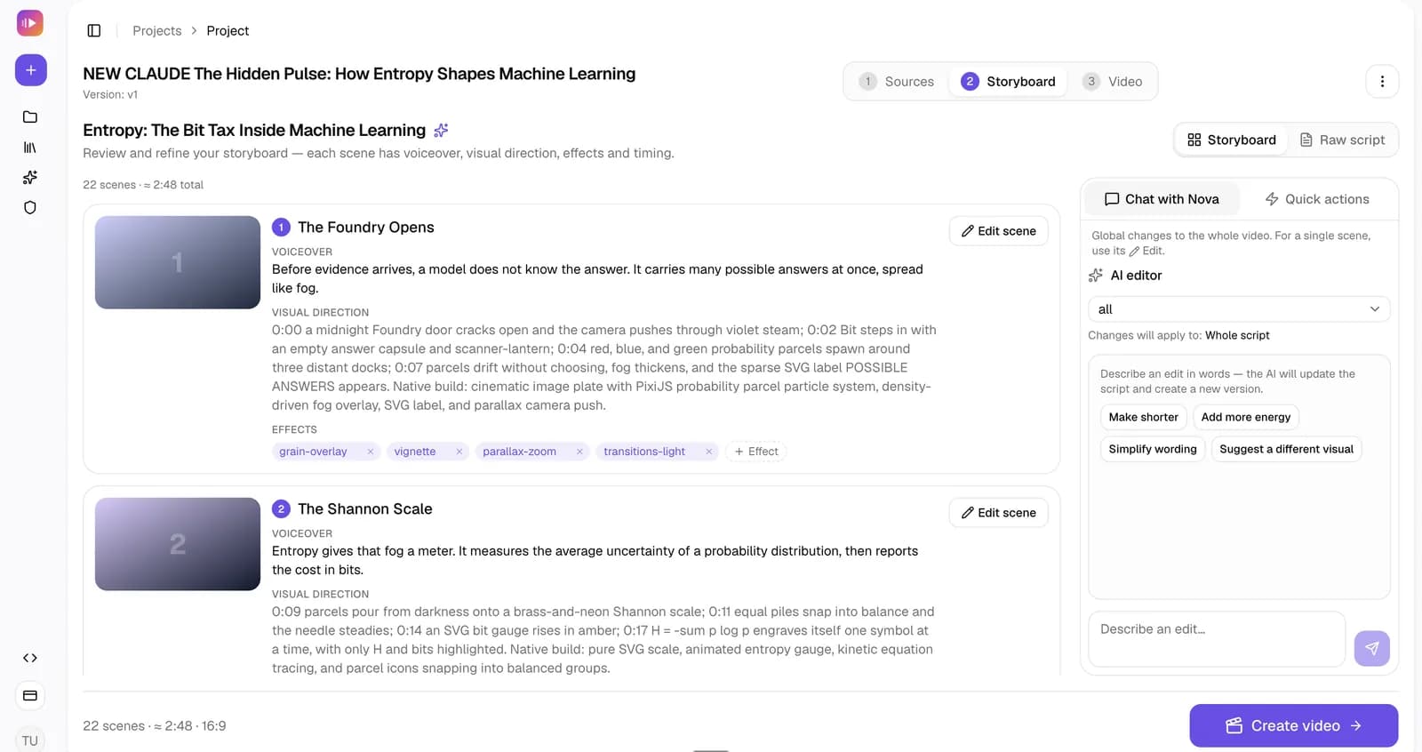 Vibing Video storyboard editor with AI-written scenes and the Nova chat assistant