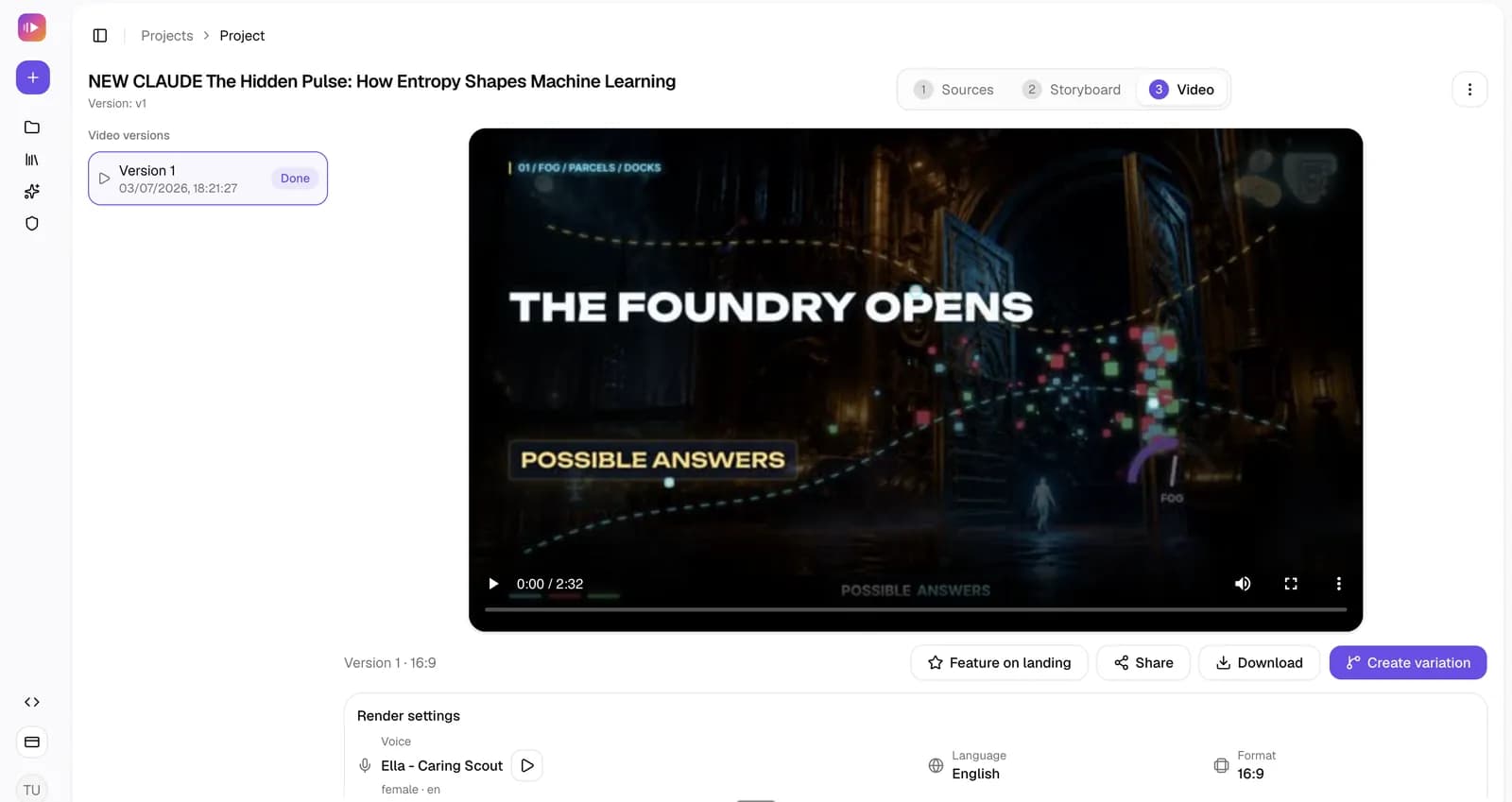 Vibing Video player showing a finished cinematic explainer video